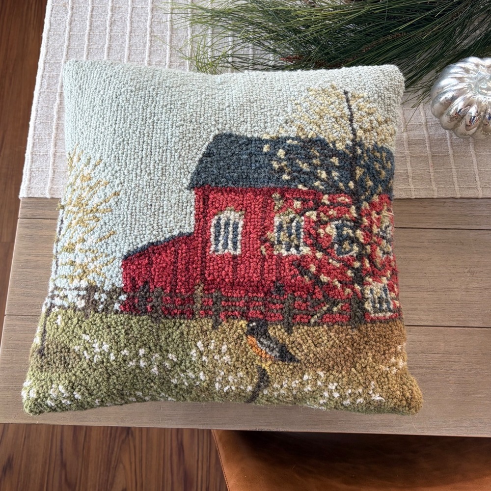 Hand Hooked Wool Red Barn Throw Pillow 18x18 Farmhouse Decor 99BJA03C18SQ